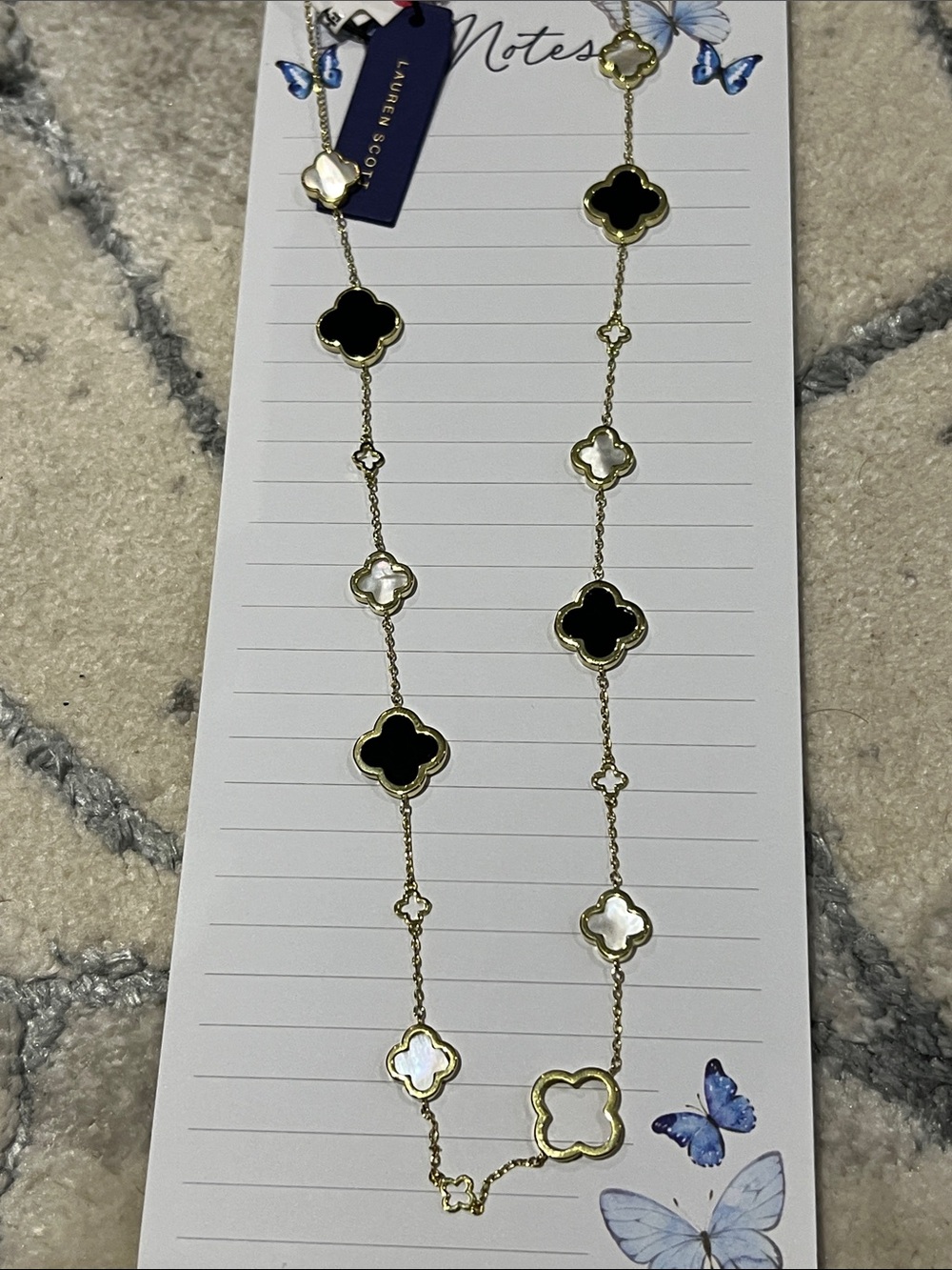 Gold Necklace with Black and Mother-of-Pearl Clover Accents 24+ inches